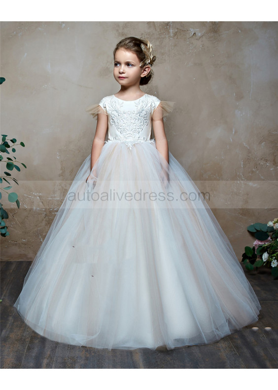 Feifei Sleeve Ivory Lace Tulle Illusion Back Flower Girl Dress